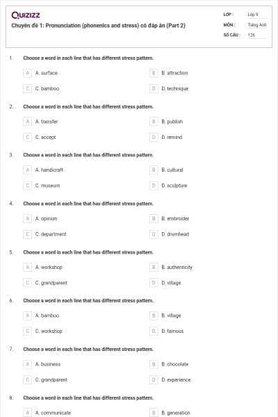 Chuyên đề 1: Pronunciation (phonenics and stress) có đáp án (Part 2)