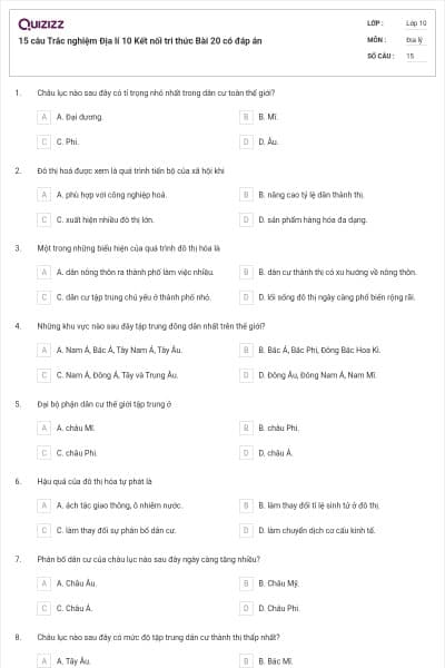 15 câu Trắc nghiệm Địa lí 10 Kết nối tri thức Bài 20 có đáp án