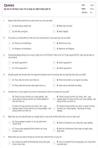 Bộ đề ôn thi Địa lí vào 10 có đáp án (Mới nhất) (Đề 5)