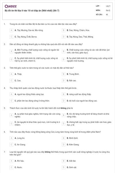 Bộ đề ôn thi Địa lí vào 10 có đáp án (Mới nhất) (Đề 7)