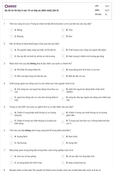 Bộ đề ôn thi Địa lí vào 10 có đáp án (Mới nhất) (Đề 8)