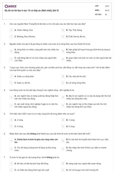 Bộ đề ôn thi Địa lí vào 10 có đáp án (Mới nhất) (Đề 9)
