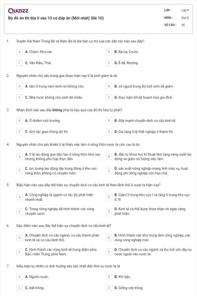 Bộ đề ôn thi Địa lí vào 10 có đáp án (Mới nhất) (Đề 10)
