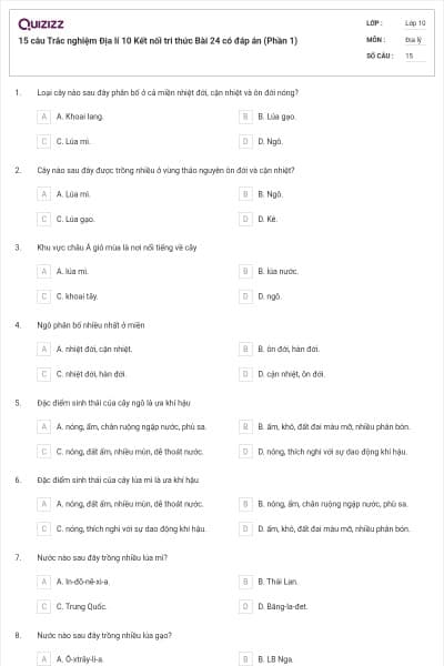 15 câu Trắc nghiệm Địa lí 10 Kết nối tri thức Bài 24 có đáp án (Phần 1)