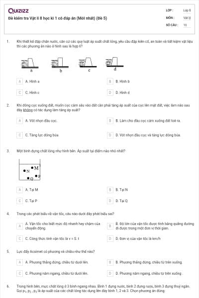 Đề kiểm tra Vật lí 8 học kì 1 có đáp án (Mới nhất) (Đề 5)