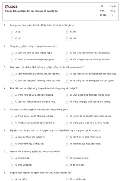 15 câu Trắc nghiệm Ôn tập chương 10 có đáp án