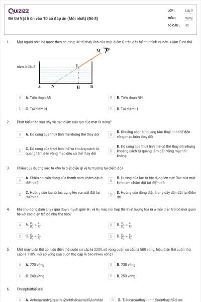 Đề thi Vật lí ôn vào 10 có đáp án (Mới nhất) (Đề 8)