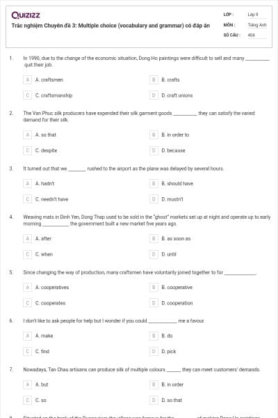 Trắc nghiệm Chuyên đề 3: Multiple choice (vocabulary and grammar) có đáp án