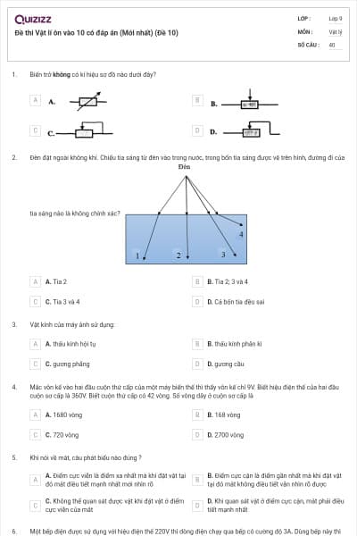 Đề thi Vật lí ôn vào 10 có đáp án (Mới nhất) (Đề 10)