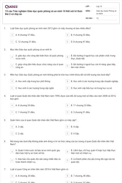 15 câu Trắc nghiệm Giáo dục quốc phòng và an ninh 10 Kết nối tri thức Bài 2 có đáp án