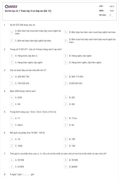 Đề thi học kì 1 Toán lớp 4 có đáp án (Đề 12)
