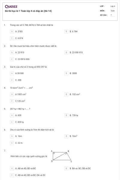 Đề thi học kì 1 Toán lớp 4 có đáp án (Đề 14)