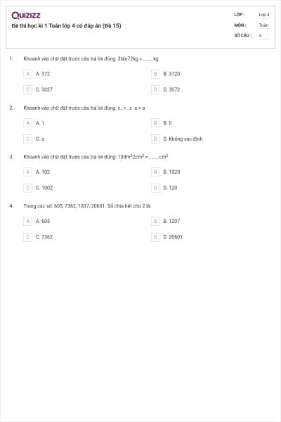 Đề thi học kì 1 Toán lớp 4 có đáp án (Đề 15)