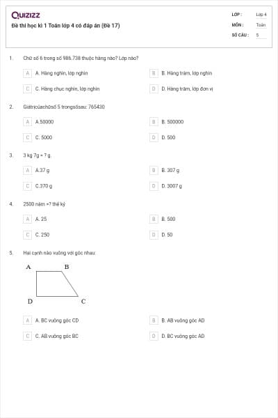 Đề thi học kì 1 Toán lớp 4 có đáp án (Đề 17)