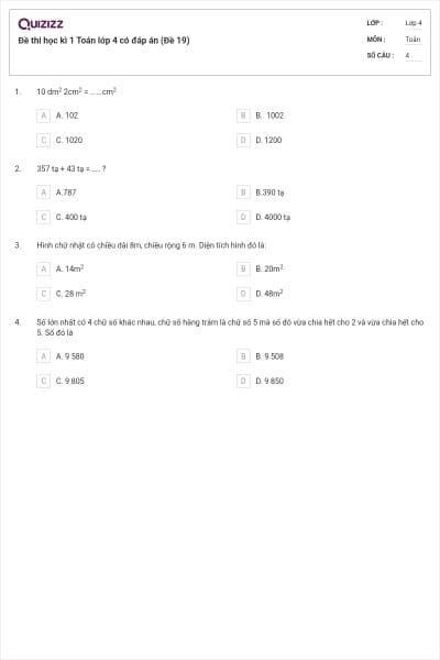 Đề thi học kì 1 Toán lớp 4 có đáp án (Đề 19)