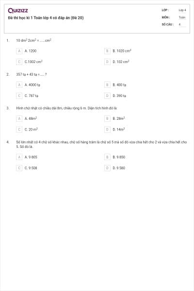 Đề thi học kì 1 Toán lớp 4 có đáp án (Đề 20)