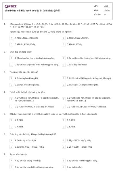 Đề thi Giữa kì II Hóa học 8 có đáp án (Mới nhất) (Đề 5)