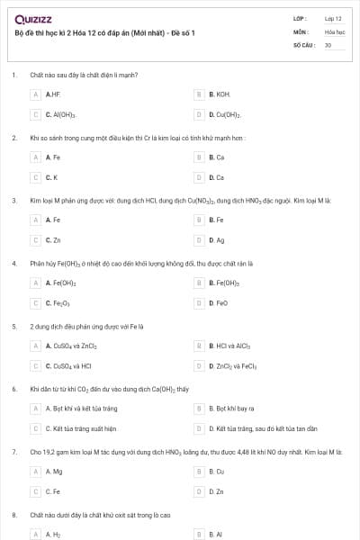 Bộ đề thi học kì 2 Hóa 12 có đáp án (Mới nhất) - Đề số 1