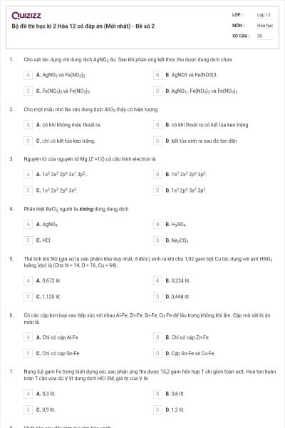 Bộ đề thi học kì 2 Hóa 12 có đáp án (Mới nhất) - Đề số 2