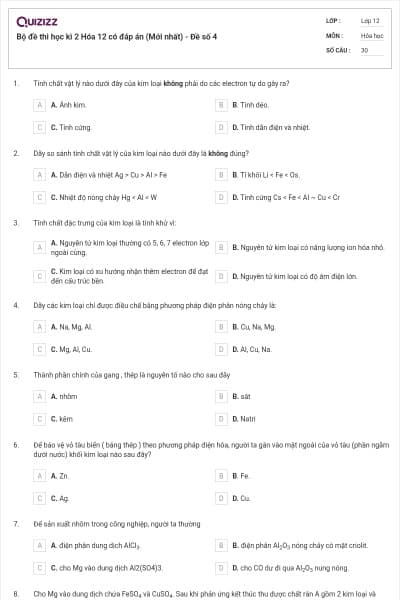Bộ đề thi học kì 2 Hóa 12 có đáp án (Mới nhất) - Đề số 4