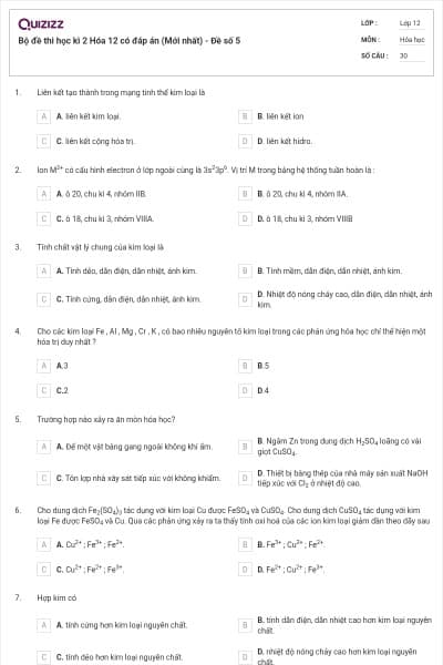 Bộ đề thi học kì 2 Hóa 12 có đáp án (Mới nhất) - Đề số 5