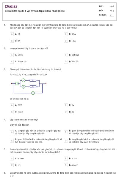 Đề kiểm tra học kì 1 Vật lý 9 có đáp án (Mới nhất) (Đề 5)