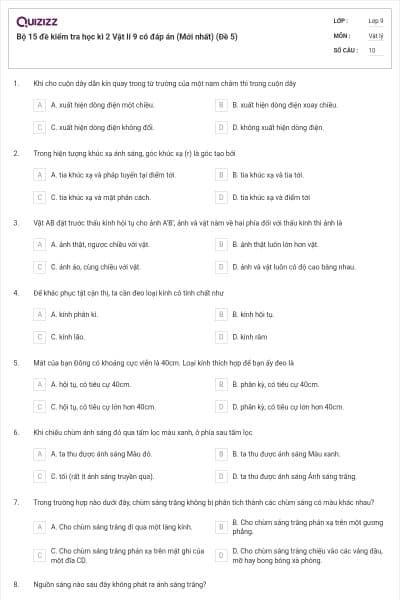 Bộ 15 đề kiểm tra học kì 2 Vật lí 9 có đáp án (Mới nhất) (Đề 5)