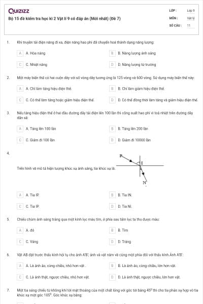Bộ 15 đề kiểm tra học kì 2 Vật lí 9 có đáp án (Mới nhất) (Đề 7)