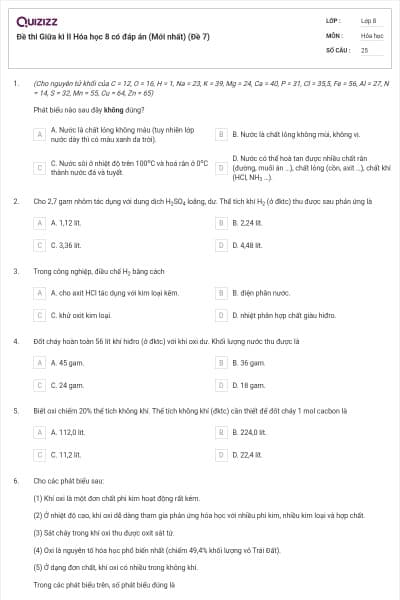 Đề thi Giữa kì II Hóa học 8 có đáp án (Mới nhất) (Đề 7)