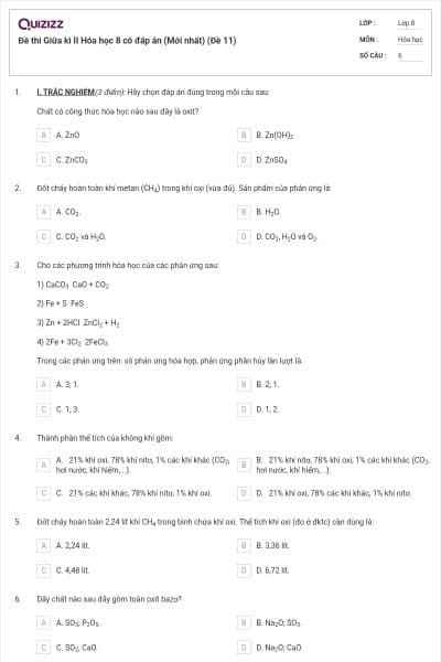 Đề thi Giữa kì II Hóa học 8 có đáp án (Mới nhất) (Đề 11)