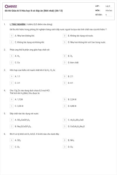 Đề thi Giữa kì II Hóa học 8 có đáp án (Mới nhất) (Đề 13)