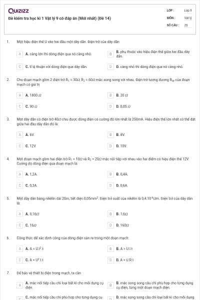 Đề kiểm tra học kì 1 Vật lý 9 có đáp án (Mới nhất) (Đề 14)