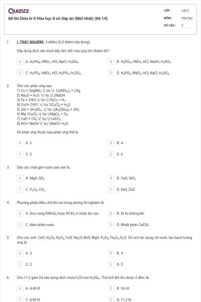 Đề thi Giữa kì II Hóa học 8 có đáp án (Mới nhất) (Đề 14)