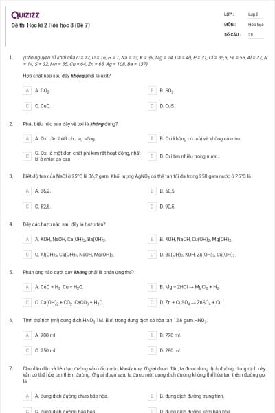 Đề thi Học kì 2 Hóa học 8 (Đề 7)