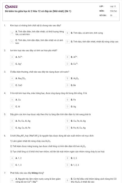 Đề kiểm tra giữa học kì 2 Hóa 12 có đáp án (Mới nhất) (Đề 1)