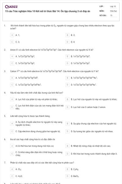 15 câu Trắc nghiệm Hóa 10 Kết nối tri thức Bài 14: Ôn tập chương 3 có đáp án