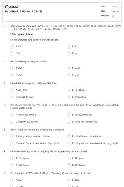 Đề thi Học kì 2 Hóa học 8 (Đề 11)
