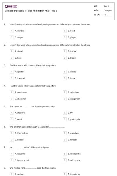 Đề kiểm tra cuối kì I Tiếng Anh 8 (Mới nhất) - Đề 2