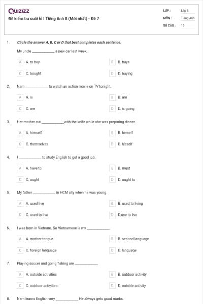 Đề kiểm tra cuối kì I Tiếng Anh 8 (Mới nhất) - Đề 7