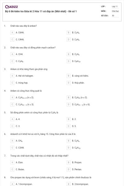 Bộ 6 Đề kiểm tra Giữa kì 2 Hóa 11 có đáp án (Mới nhất) - Đề số 1