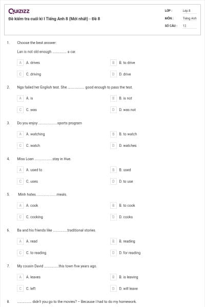 Đề kiểm tra cuối kì I Tiếng Anh 8 (Mới nhất) - Đề 8