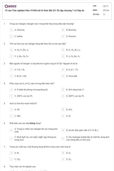 15 câu  Trắc nghiệm Hóa 10 Kết nối tri thức Bài 23: Ôn tập chương 7 có đáp án