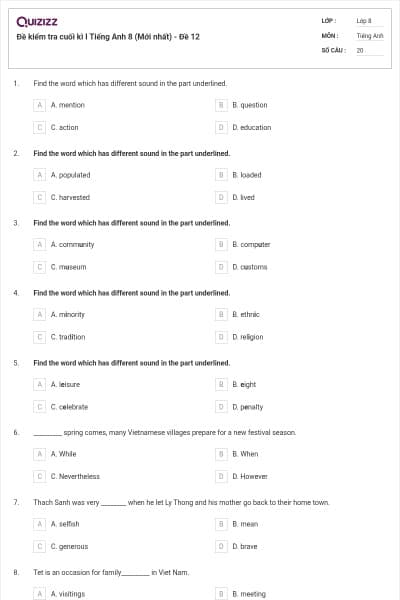 Đề kiểm tra cuối kì I Tiếng Anh 8 (Mới nhất) - Đề 12