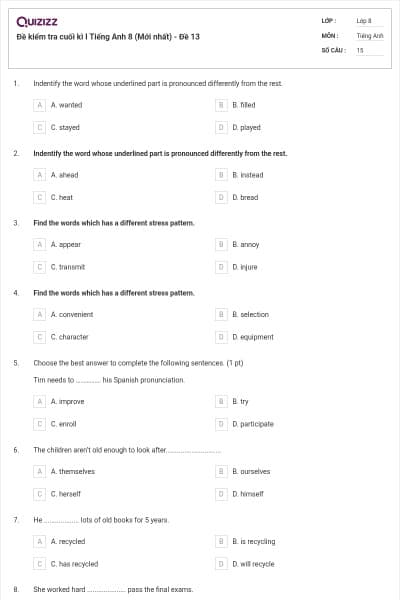 Đề kiểm tra cuối kì I Tiếng Anh 8 (Mới nhất) - Đề 13