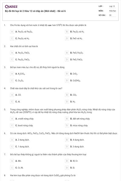Bộ đề thi học kì 2 Hóa 12 có đáp án (Mới nhất) - Đề số 6