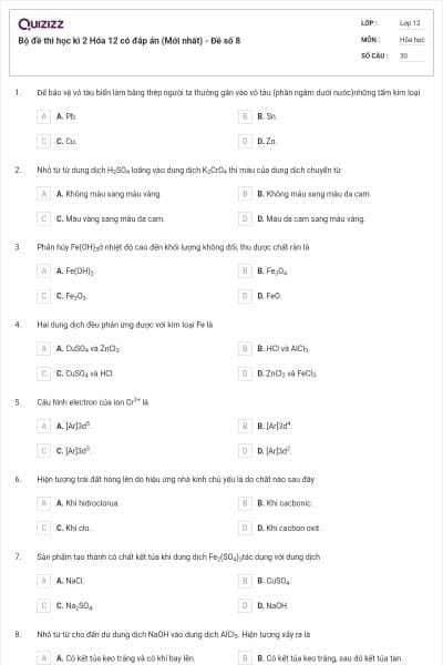 Bộ đề thi học kì 2 Hóa 12 có đáp án (Mới nhất) - Đề số 8