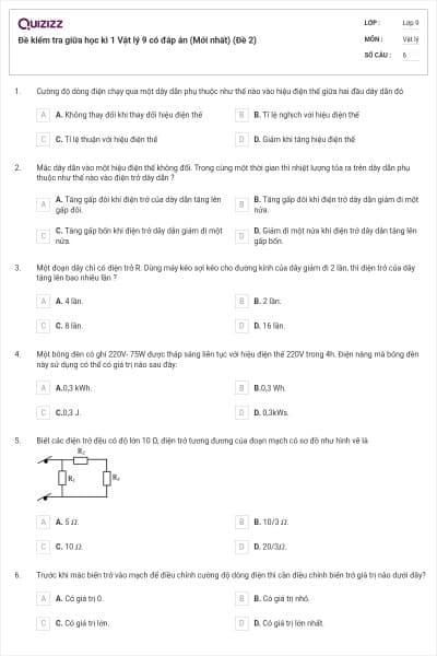 Đề kiểm tra giữa học kì 1 Vật lý 9 có đáp án (Mới nhất) (Đề 2)