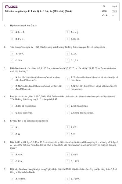 Đề kiểm tra giữa học kì 1 Vật lý 9 có đáp án (Mới nhất) (Đề 4)