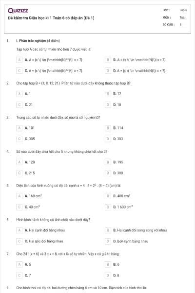 Đề kiểm tra Giữa học kì 1 Toán 6 có đáp án (Đề 1)