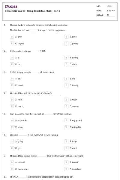 Đề kiểm tra cuối kì I Tiếng Anh 8 (Mới nhất) - Đề 16